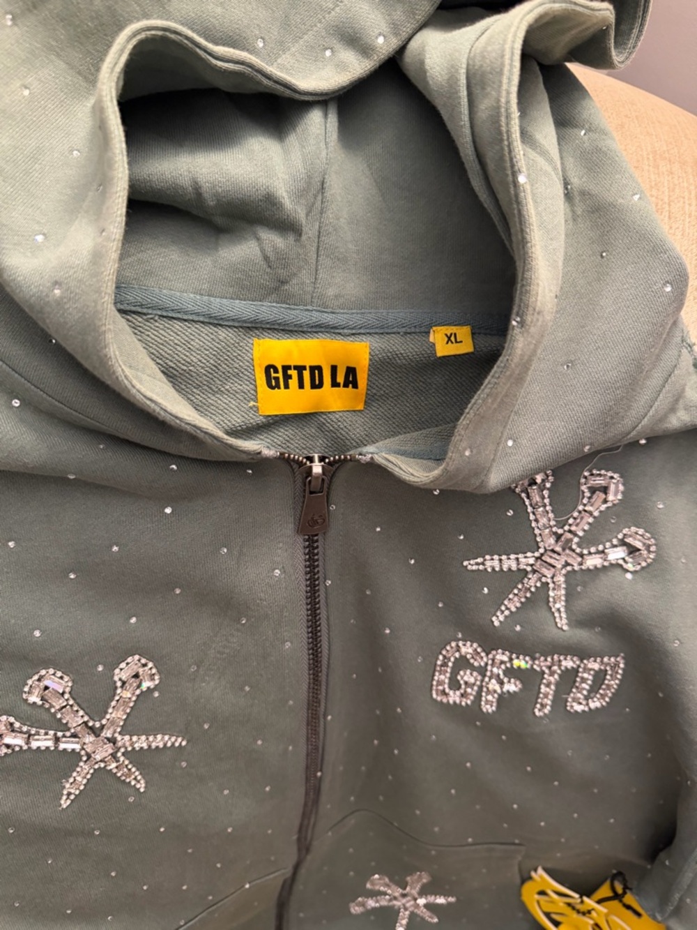 Men's Olive Green Embellished Zip-Up Hoodie